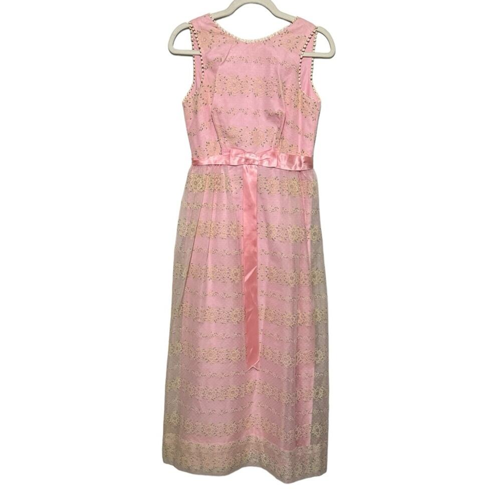 Vintage Pink Lace Floral Embroidered Cottage Core Fairy Midi Maxi Dress Small